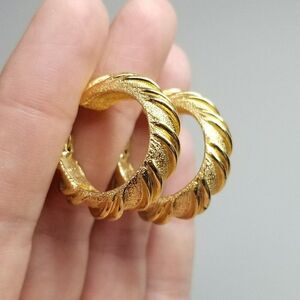 Vintage Monet Gold Tone Clip On Hoop Earrings, Spiral Texture Design, Signed